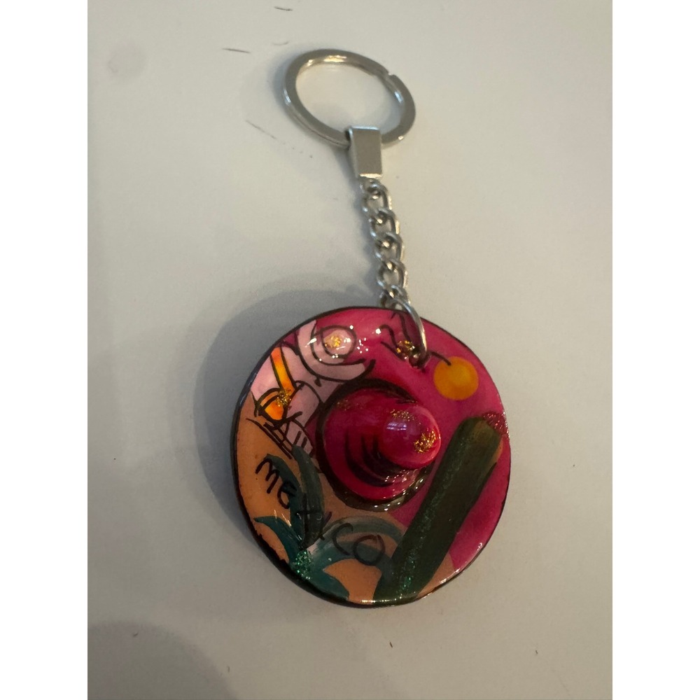 Mexico‎ Souvenir Keychain Pink 3D Sombrero Cactus Hand Painted Resin Glitter